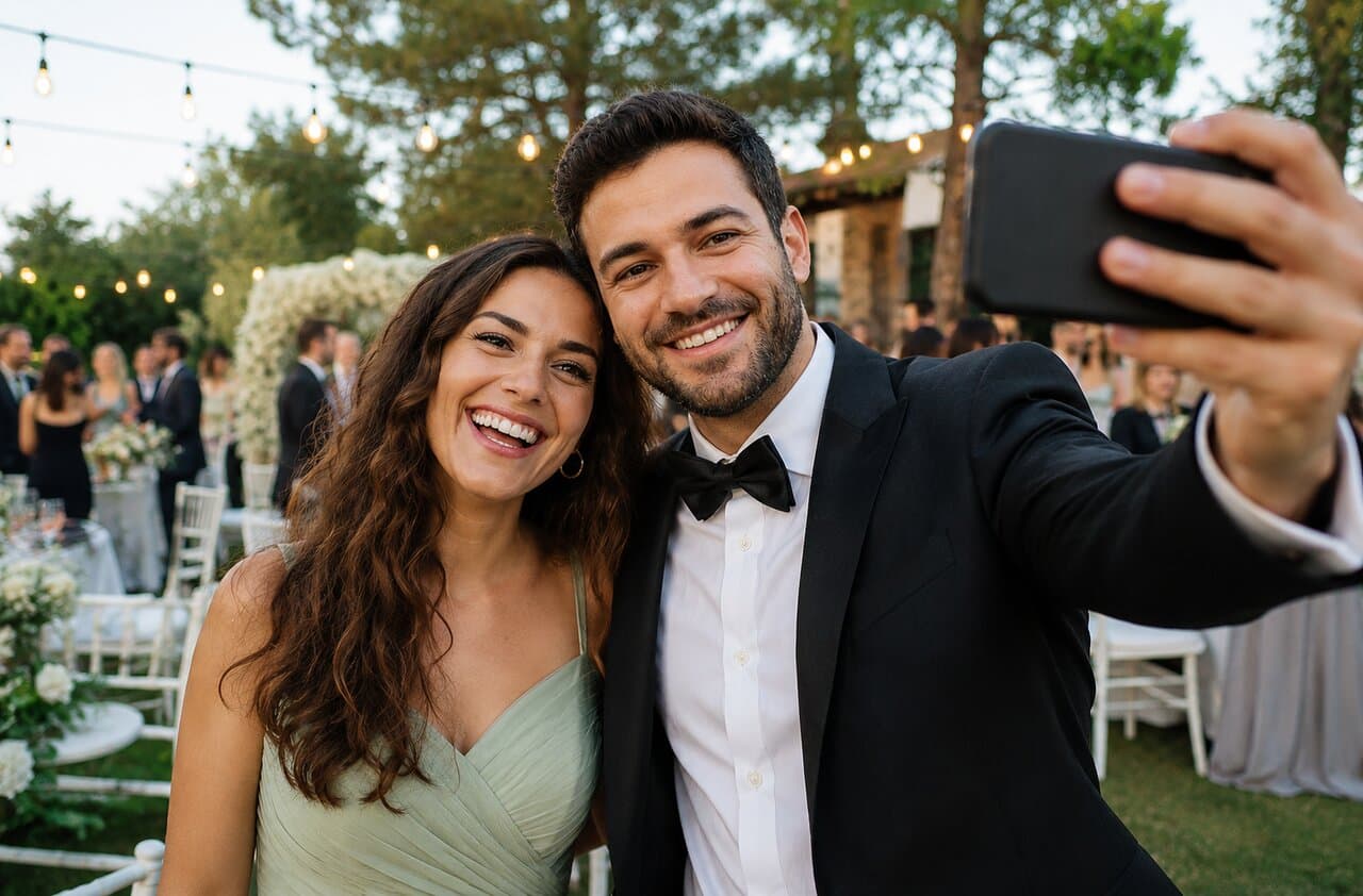 Bir düğün etkinliğinde birlikte selfie çeken mutlu bir çift